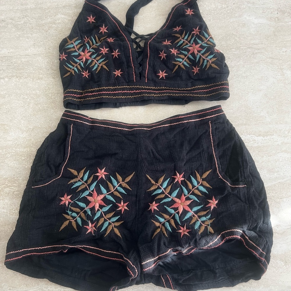 American Eagle Embroidered Black Two-Piece Set